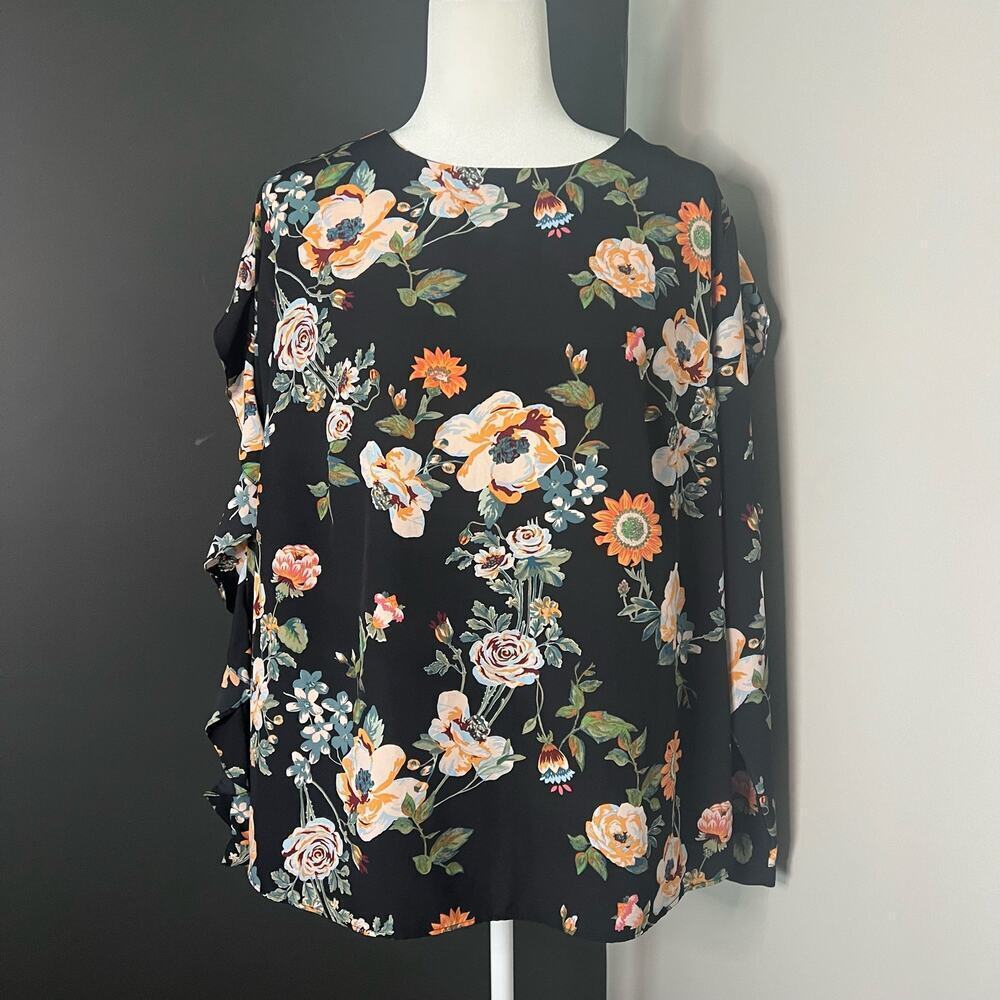 Ava & Viv Woman's Black Orange Floral Ruffle Long Sleeve Blouse- Size 1X